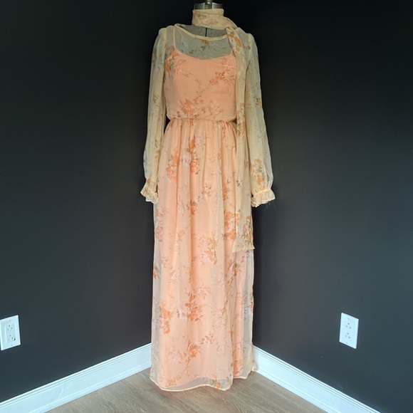 Vintage 1970s Handmade Floral Chiffon & Orange Dress with Matching Scarf - Picture 1 of 13